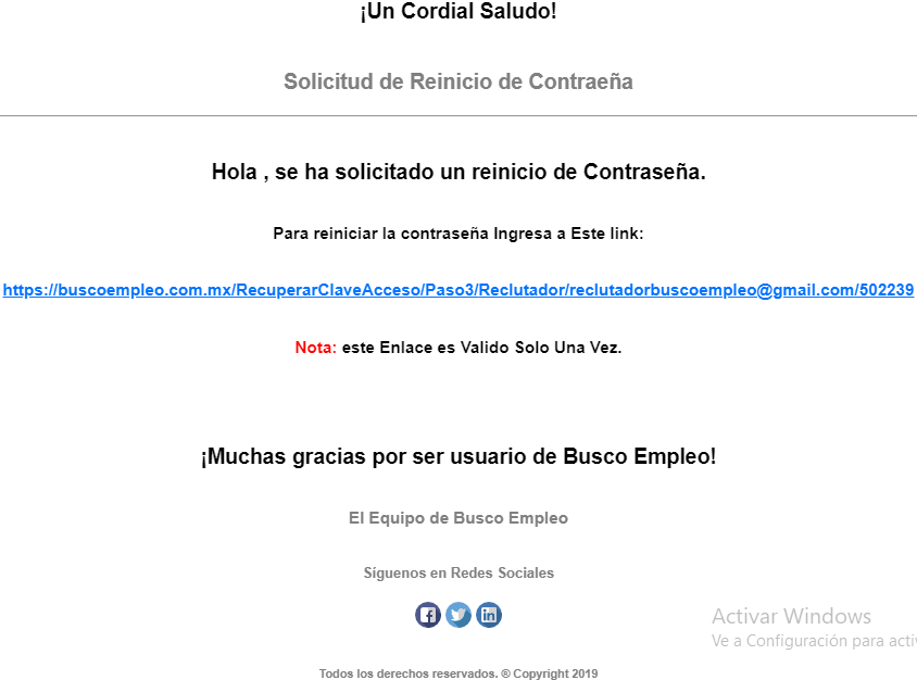 Correo con Enlace para Recuperar la Contraseña del Reclutador.