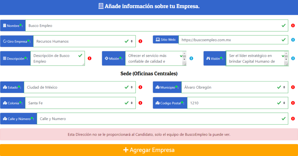 Formulario con los datos de la Empresa solicitados