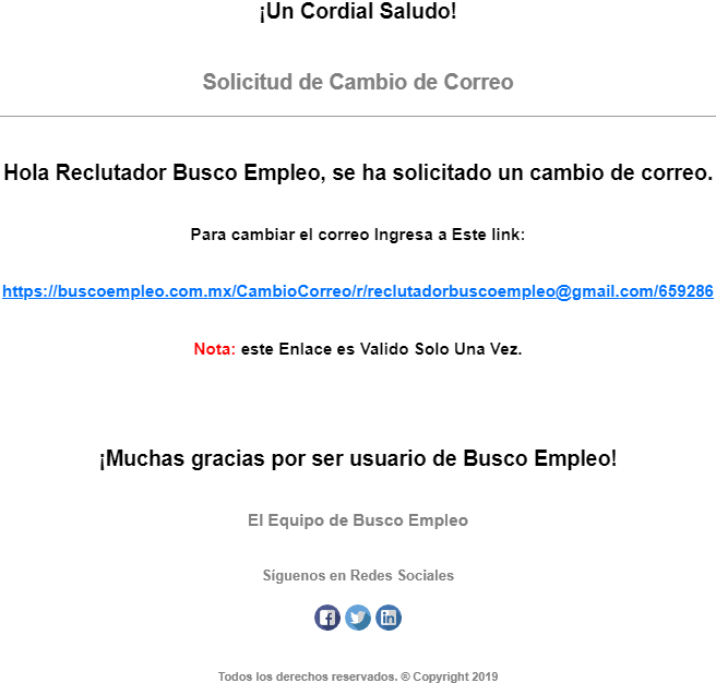 Correo con el enlace correspondiente para realizar el cambio de correo.