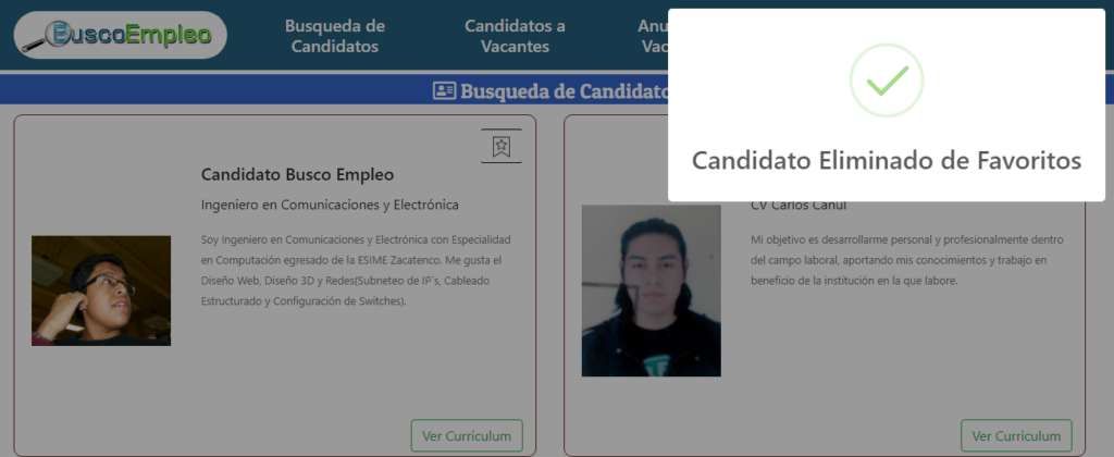 Mensaje de Alerta de "Candidato Eliminado de Favoritos"