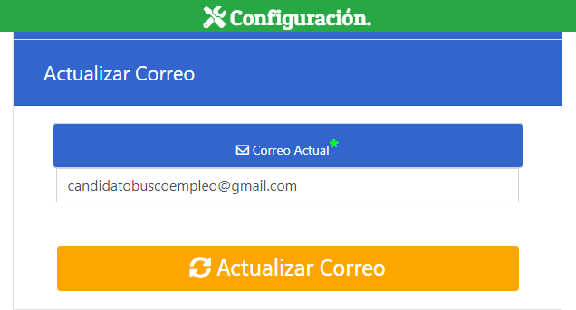 Ingreso del Correo Actual en la opción Actualizar Correo.