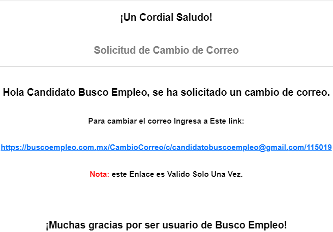 Correo con el enlace correspondiente para realizar el cambio de correo.