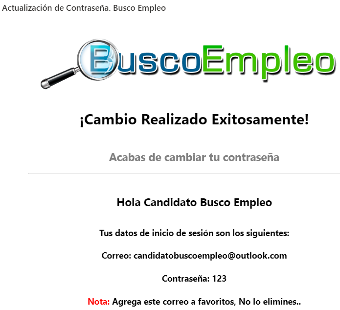 Mensaje con los Nuevos Datos de Inicio de Sesión.