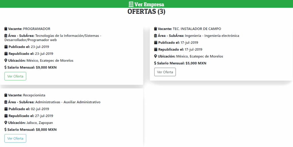 Vacantes de la Empresa Seleccionada
