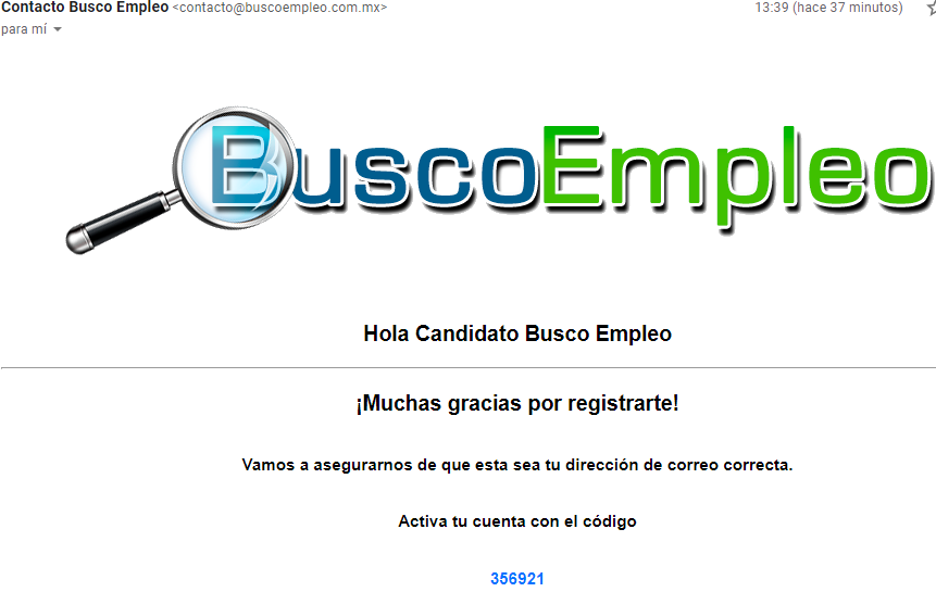 Correo con Código de verificación.
