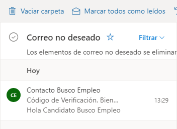Mensaje de Activación en Correo No Deseado en Hotmail/Outlook.