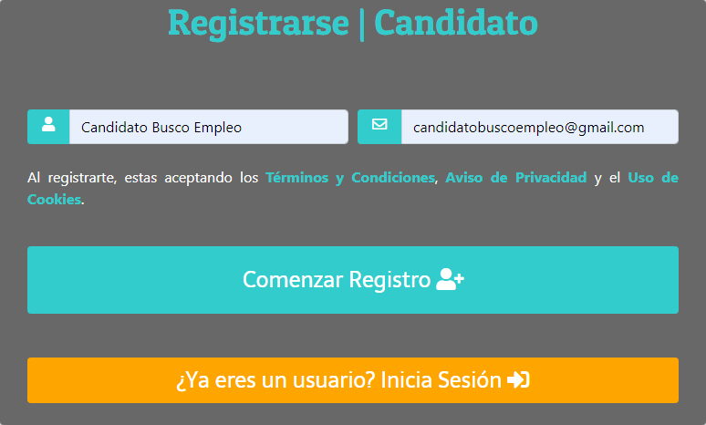 Ingreso de Nombre y Correo en Registro de Candidato.