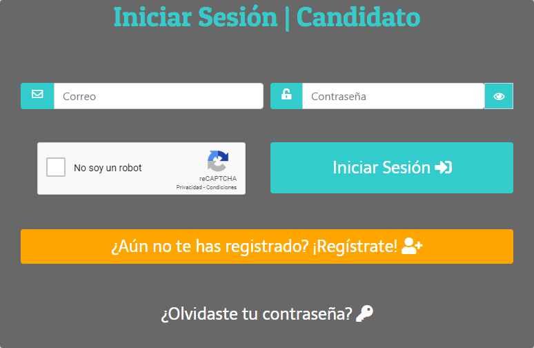Selección de ¿Olvidaste tu Contraseña ? en Inicio de Sesión de Candidato.
