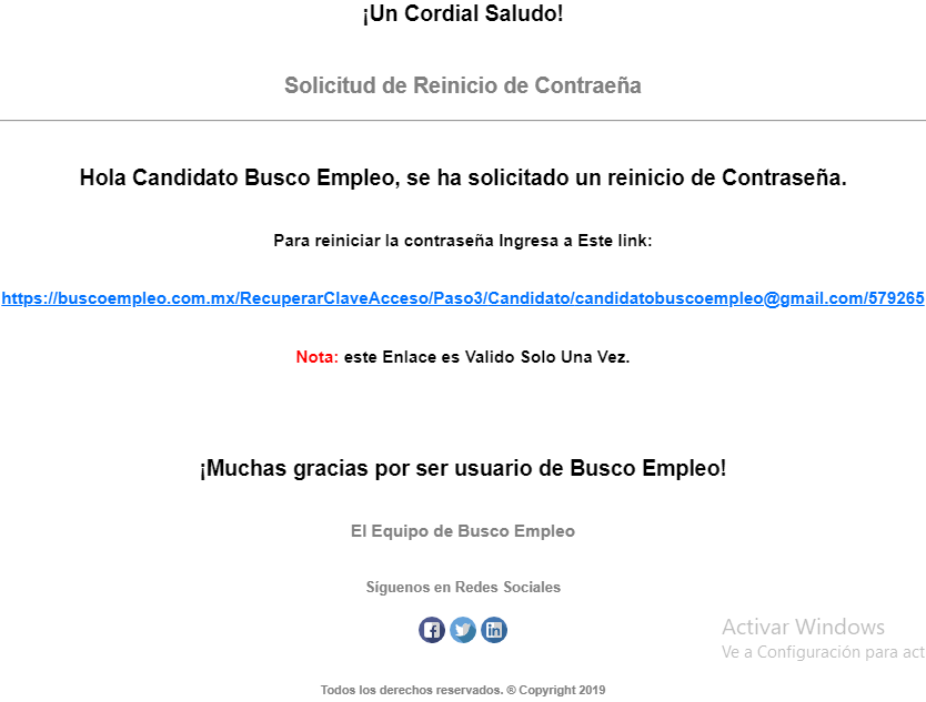Correo con Enlace para Recuperar la Contraseña del Candidato.