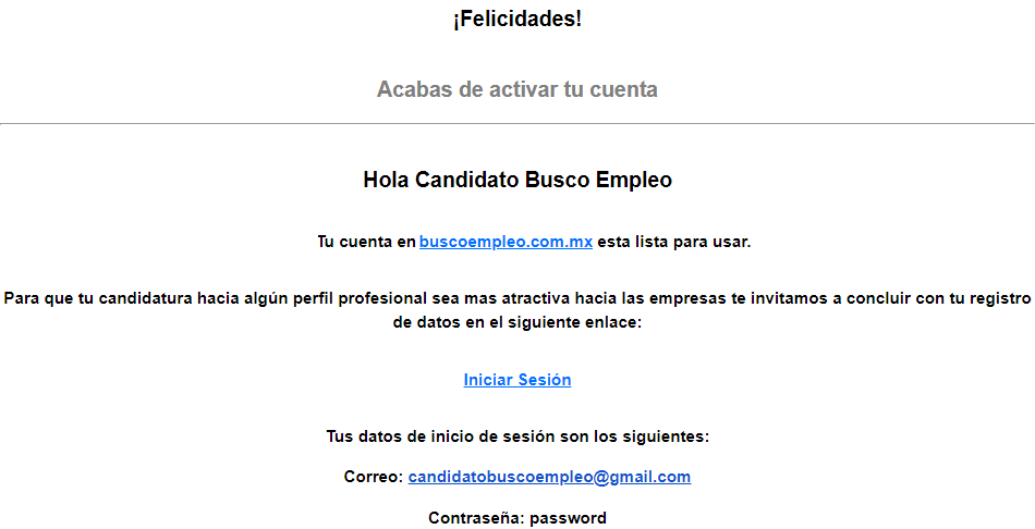 Correo con Datos de Inicio de Sesión.